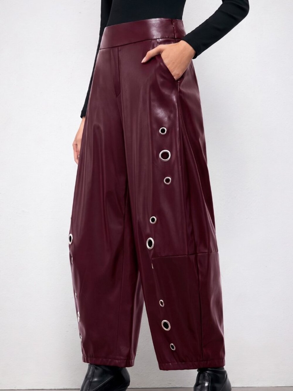 Burgundy Faux Leather Grommet Eyelet Tapered Long Pants - Picture 3 of 7